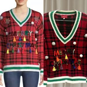 BLIZZARD BAY Women’s Christmas Holiday Red Plaid V-Neck Sweater with Tassels XL